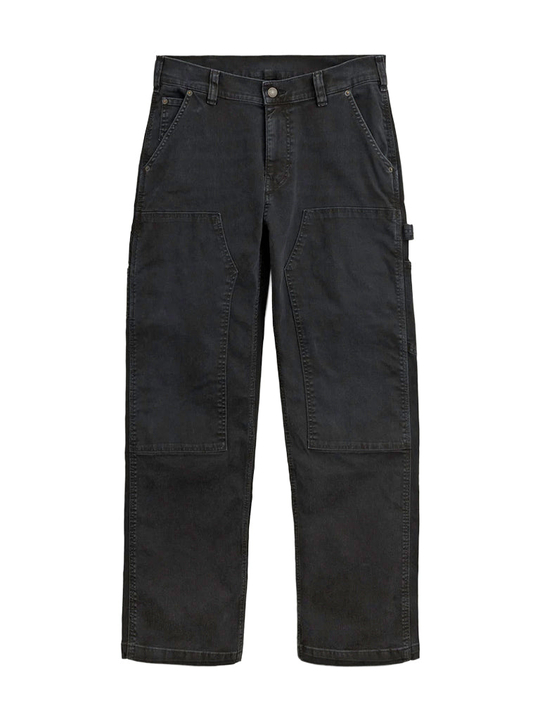 Black cargo pants with a button fly, belt loops, and large front and side cargo pockets, shown flat against a white background.