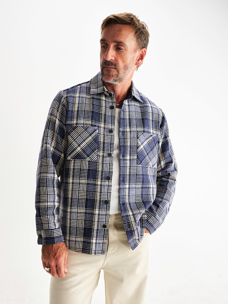 Whiting Overshirt- Blue And Ecru Basket Weave Wax London Shirts