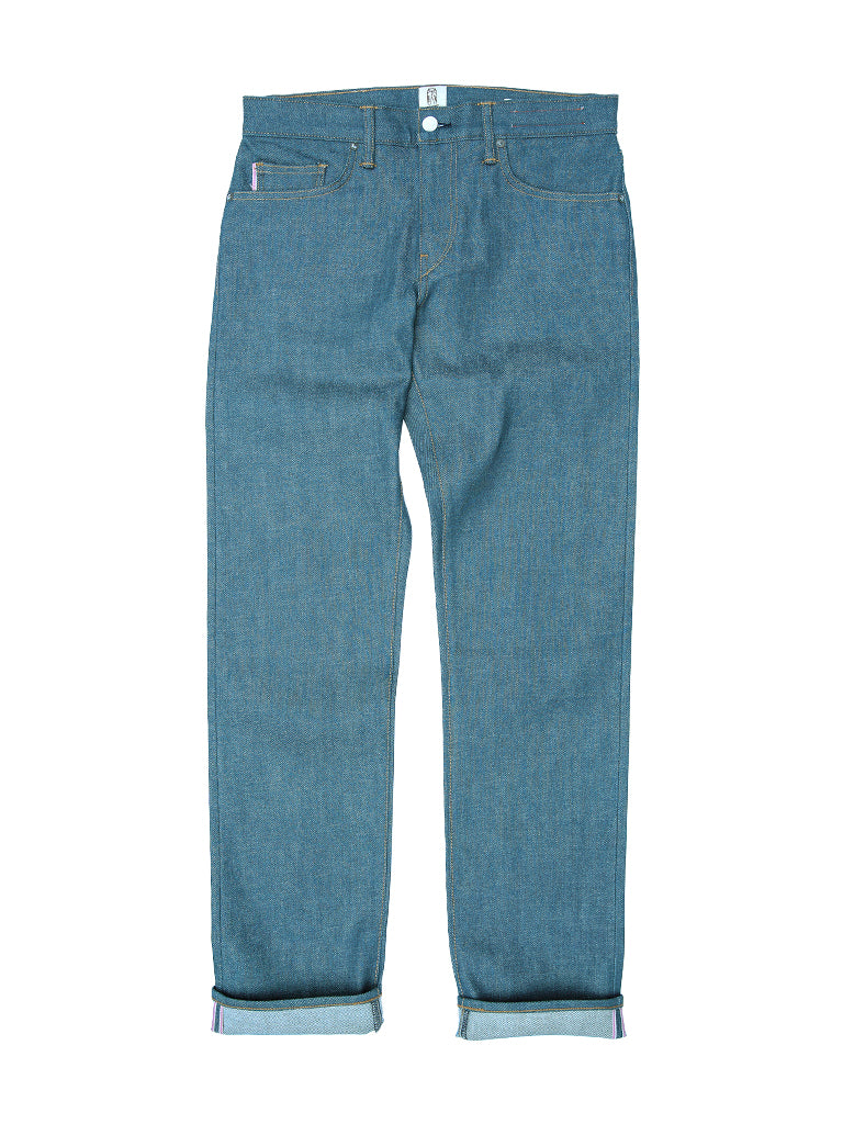 A pair of medium-wash blue denim jeans with rolled cuffs, shown flat against a plain white background.