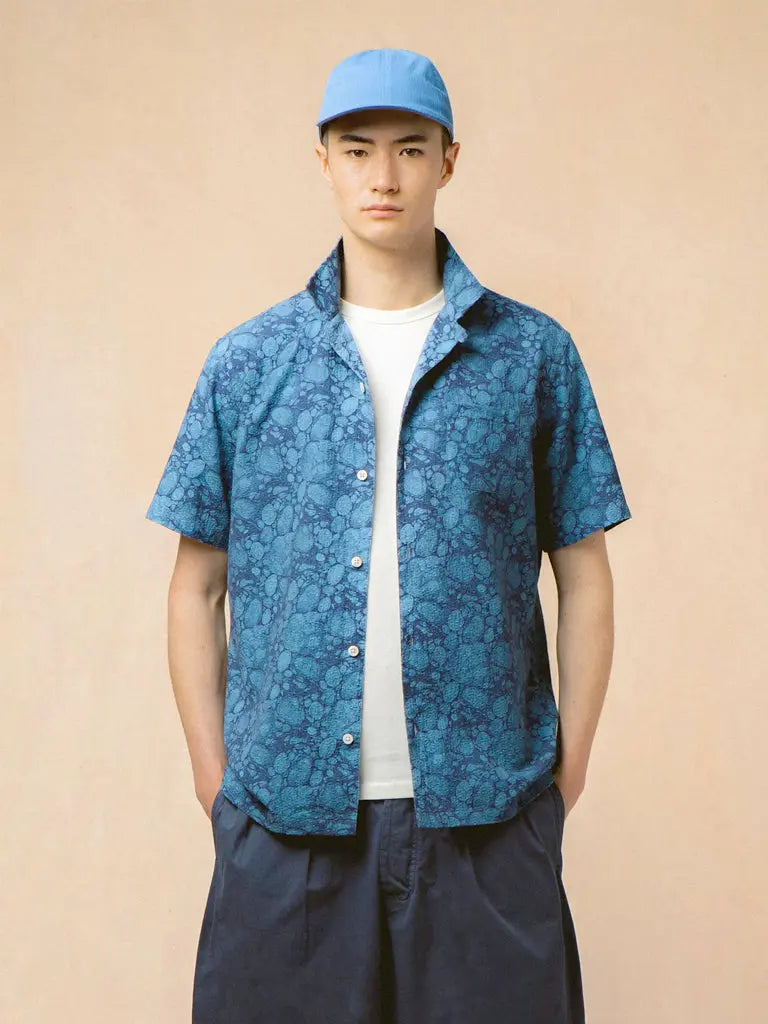 Crammond Shirt- Blue Marble Textured Cotton Kestin