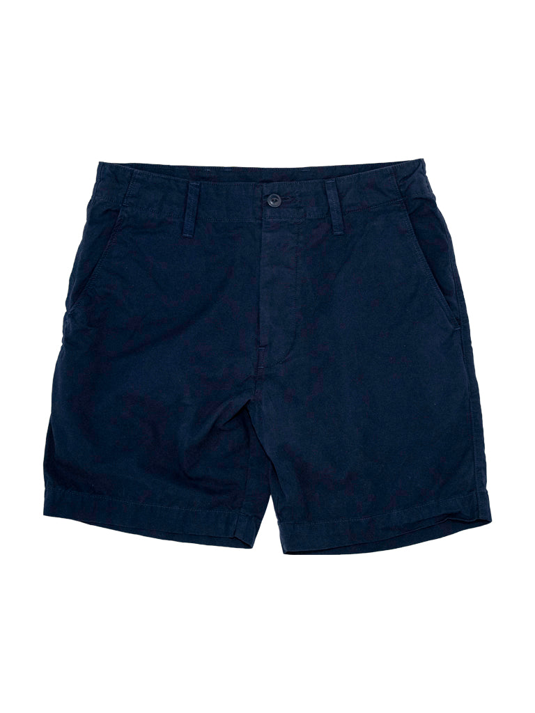 A pair of dark navy blue chino shorts with belt loops, a button closure, and side pockets, shown flat on a white background.