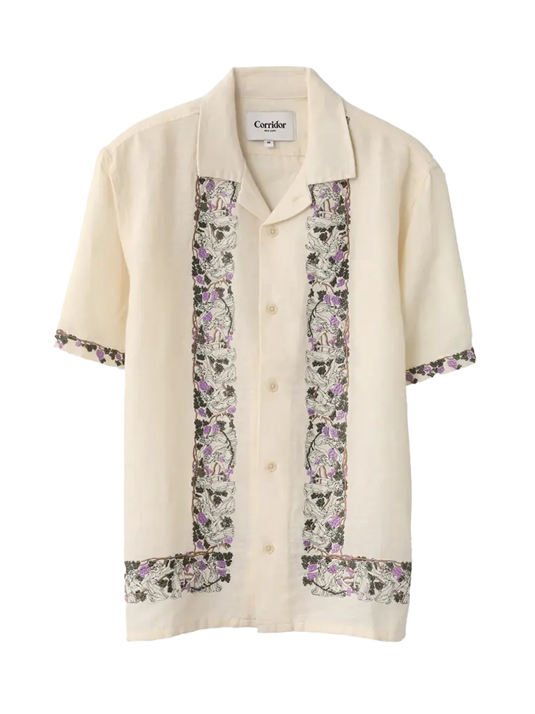 Bacchanal Embroidery Short Sleeve Shirt- White Corridor