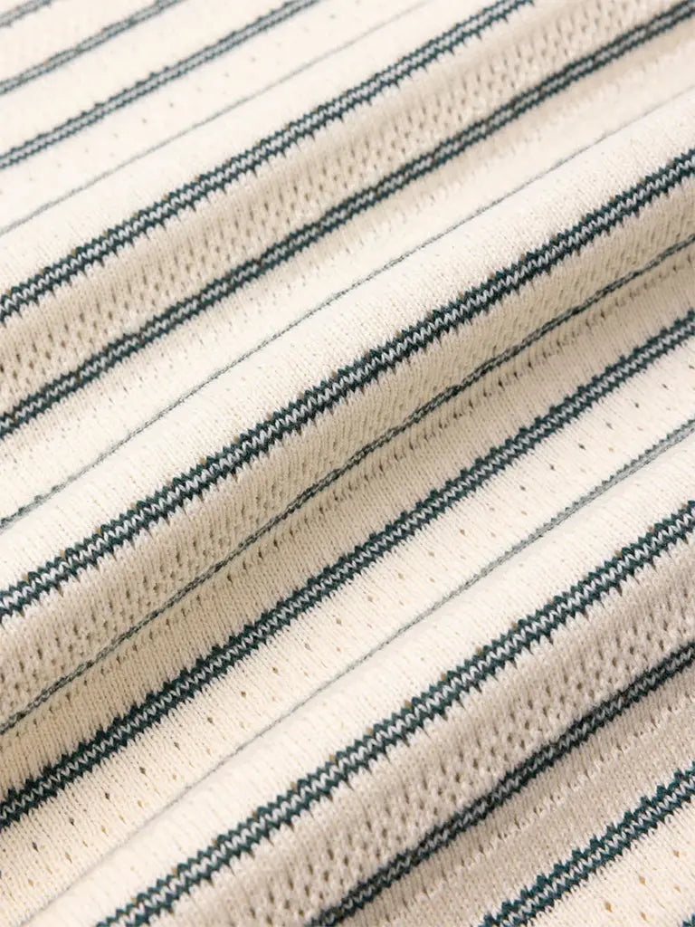 Dunn Polo- Ecru/Green Organic Cotton Knitted Stripe Kestin Shirts