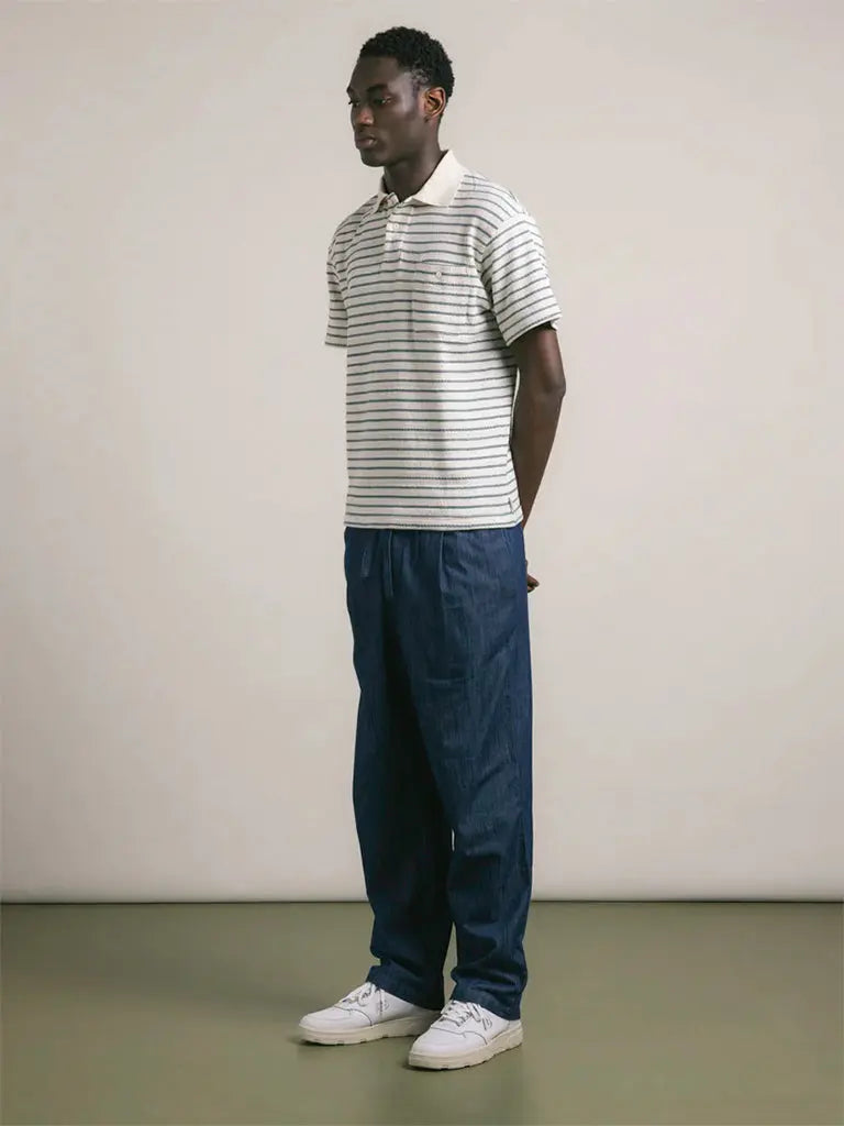 Dunn Polo- Ecru/Green Organic Cotton Knitted Stripe Kestin Shirts