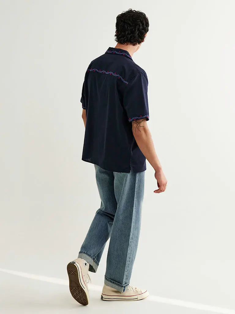 Didcot- Navy Cross Stitch Border Wax London Shirts