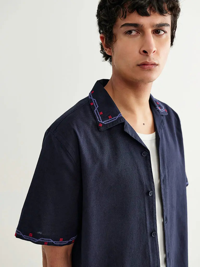 Didcot- Navy Cross Stitch Border Wax London Shirts