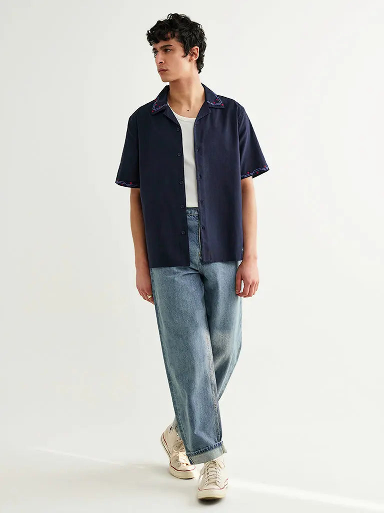 Didcot- Navy Cross Stitch Border Wax London Shirts