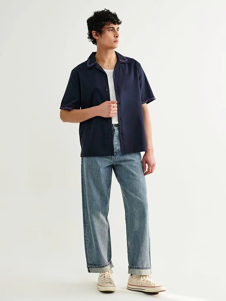 Didcot- Navy Cross Stitch Border Wax London Shirts