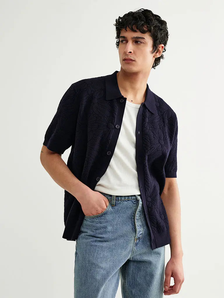 Tellaro- Navy Flower Jacquard Wax London Shirts