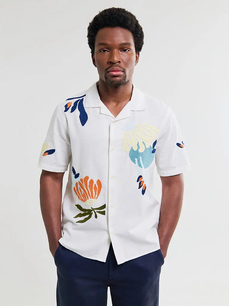 Didcot- Ecru Flower Embroidered Wax London Shirts