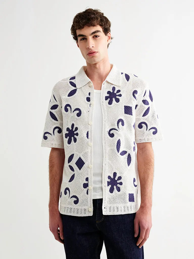 Porto- Ecru/Navy Doodle Crochet Knit Wax London Shirts