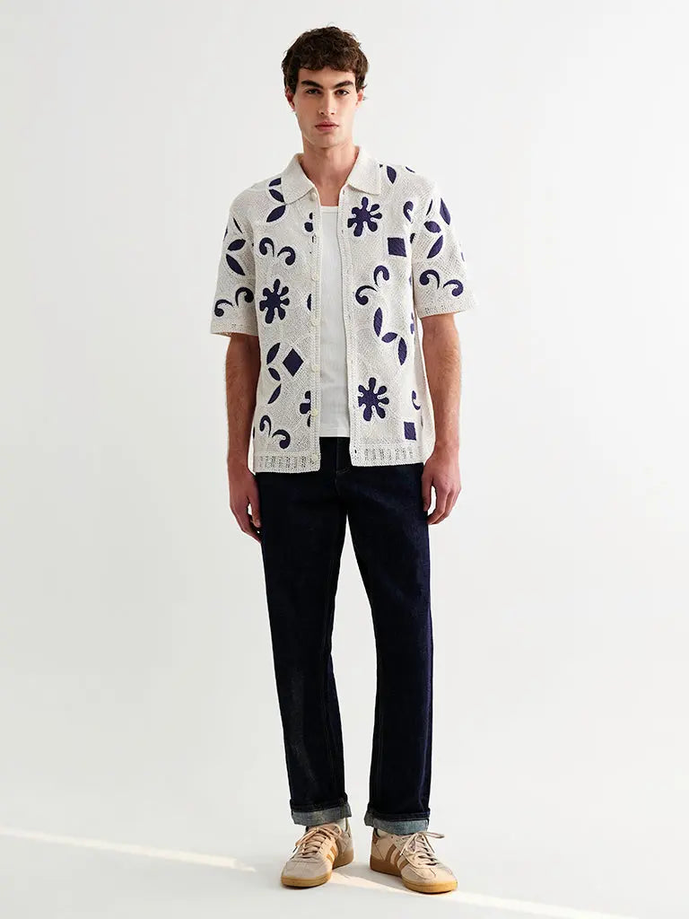 Porto- Ecru/Navy Doodle Crochet Knit Wax London Shirts