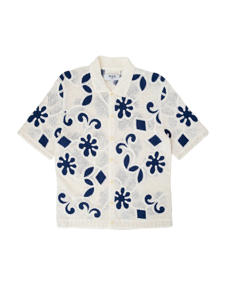 Porto- Ecru/Navy Doodle Crochet Knit Wax London Shirts