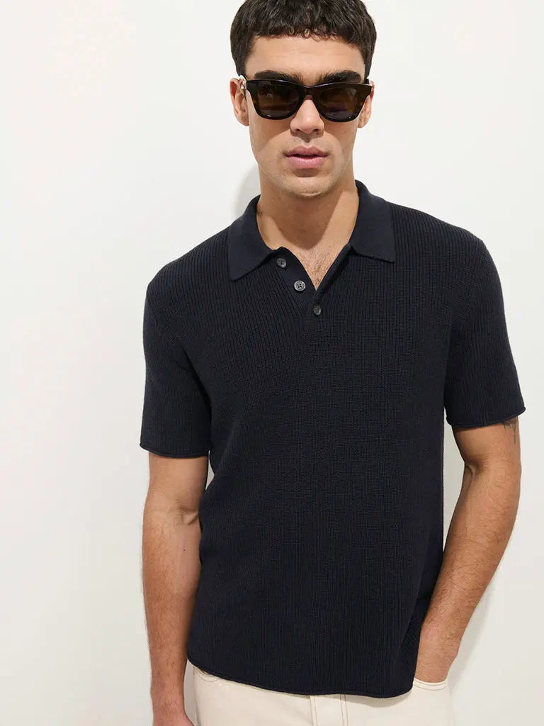 Eastwood Polo- Navy Cotton Linen Alex Mill Shirts