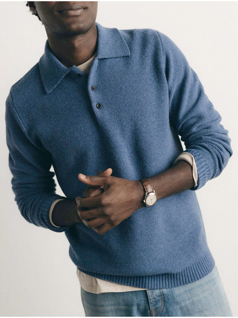 Newton Sweater Polo- Clear Heather Blue Taylor Stitch Sweaters