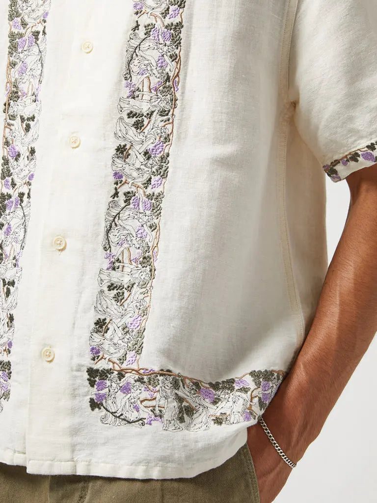 Bacchanal Embroidery Short Sleeve Shirt- White Corridor