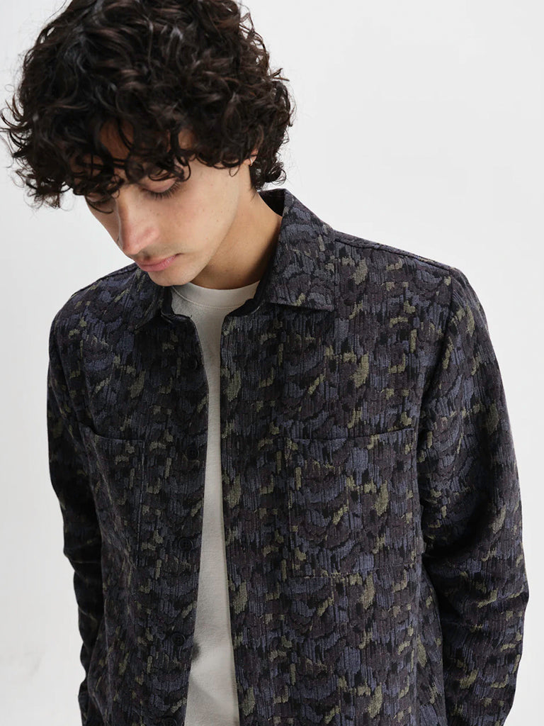 Whiting Overshirt- Navy Camo Jacquard Wax London Jackets