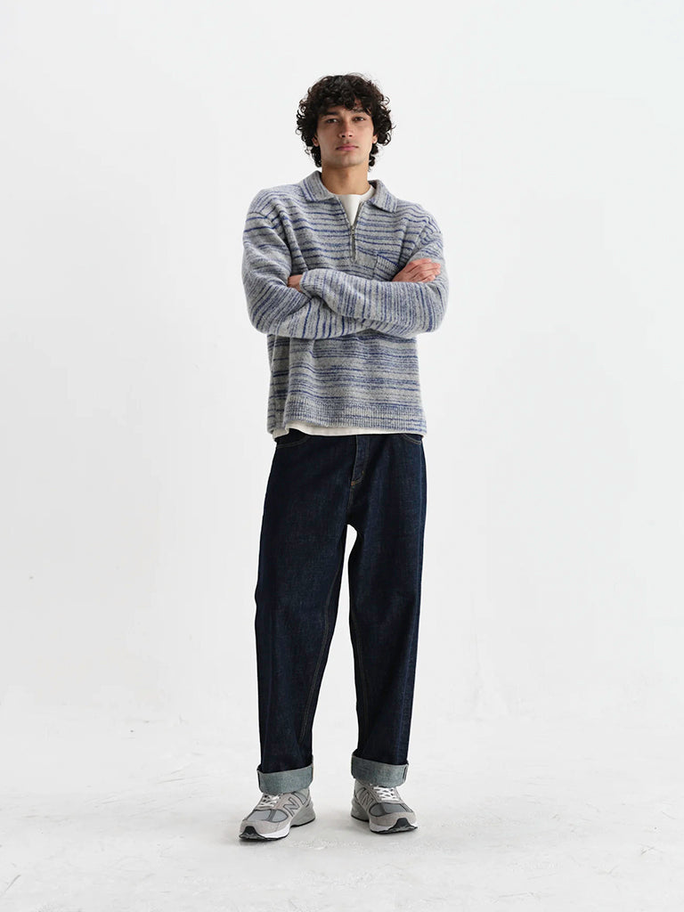 Alpha Zip Polo- Grey/Blue Space Dye Wax London Sweaters