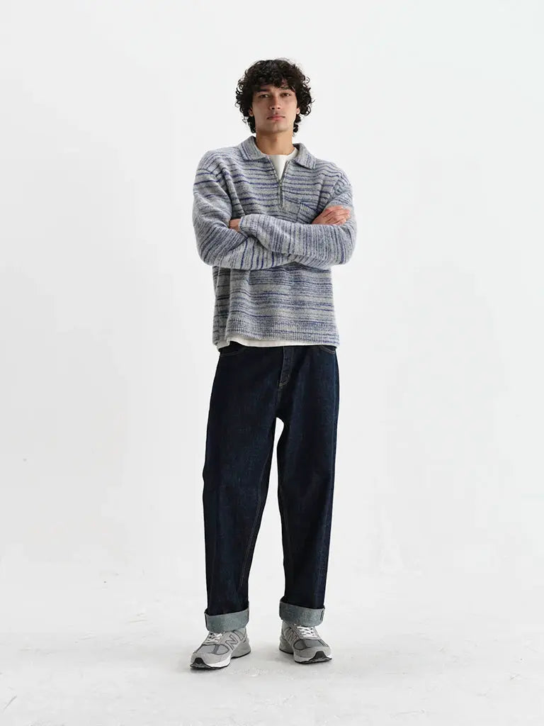 Alpha Zip Polo- Grey/Blue Space Dye Wax London Sweaters