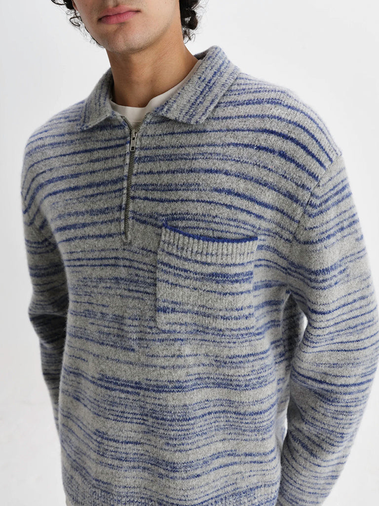 Alpha Zip Polo- Grey/Blue Space Dye Wax London Sweaters