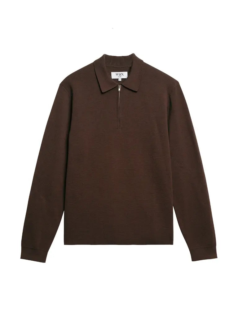 Maley Zip Polo- Dark Brown Milano Knit Wax London Sweaters