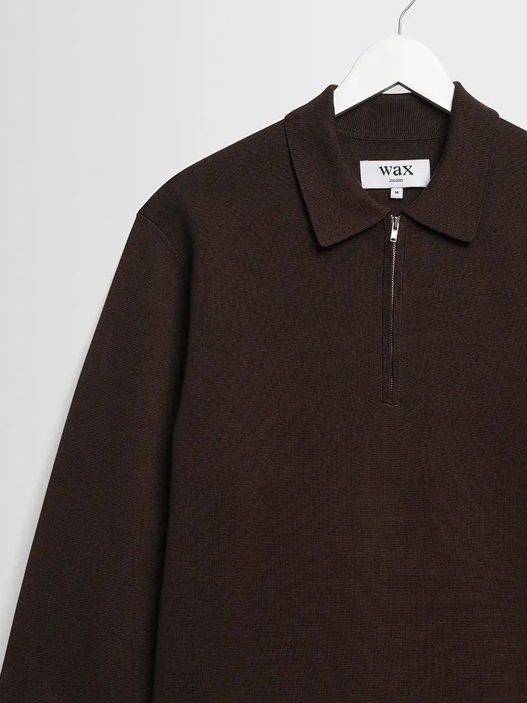 Maley Zip Polo- Dark Brown Milano Knit Wax London Sweaters