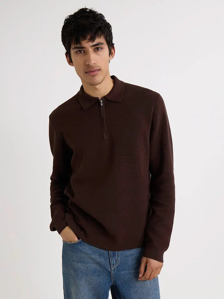 Maley Zip Polo- Dark Brown Milano Knit Wax London Sweaters