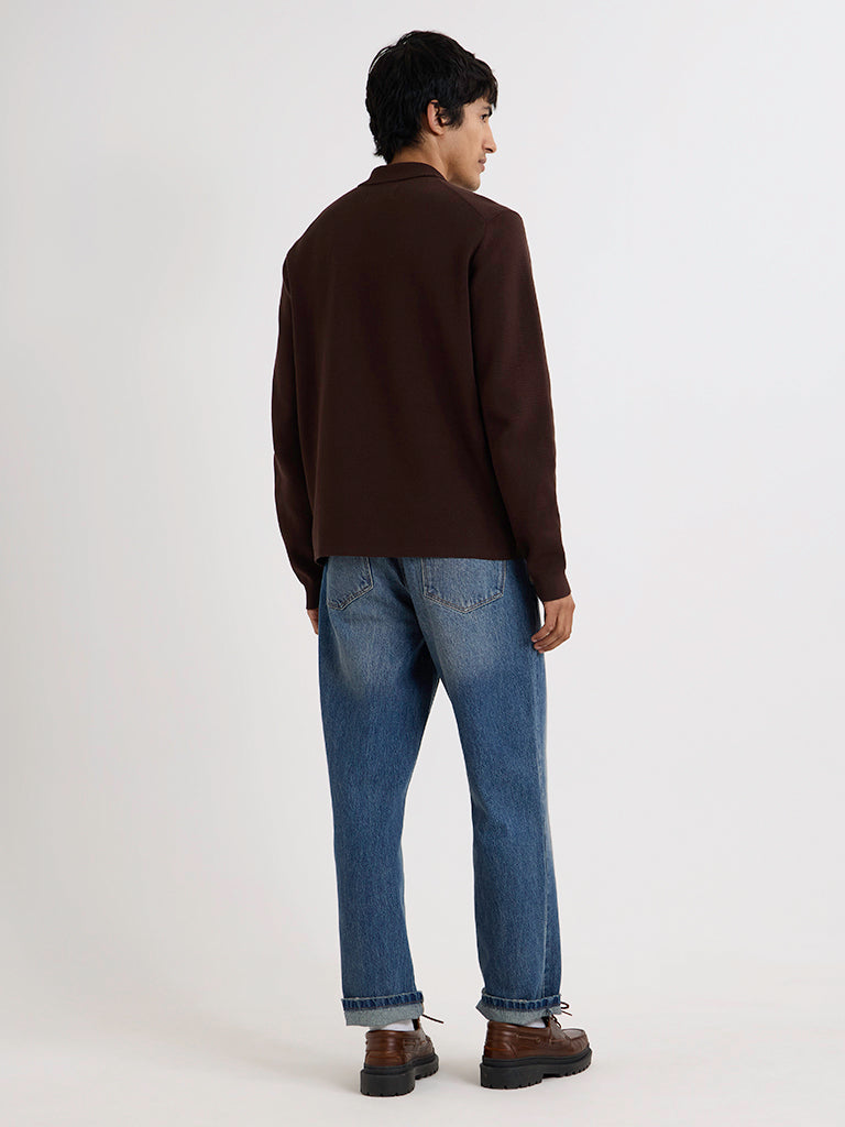 Maley Zip Polo- Dark Brown Milano Knit Wax London Sweaters