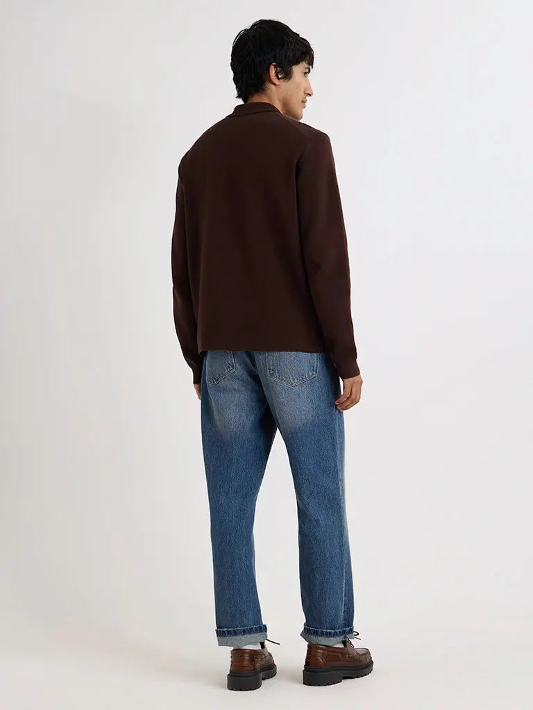 Maley Zip Polo- Dark Brown Milano Knit Wax London Sweaters