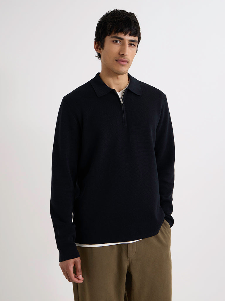 Maley Zip Polo- Black Milano Knit Wax London Sweaters