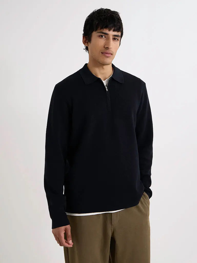 Maley Zip Polo- Black Milano Knit Wax London Sweaters