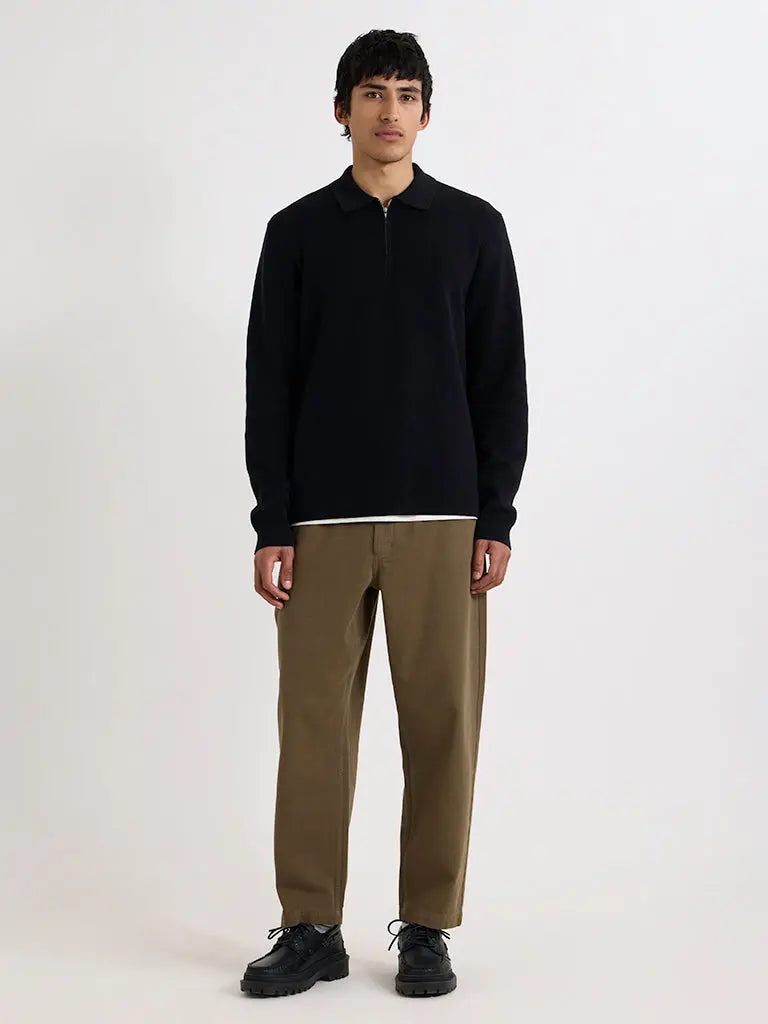Maley Zip Polo- Black Milano Knit Wax London Sweaters