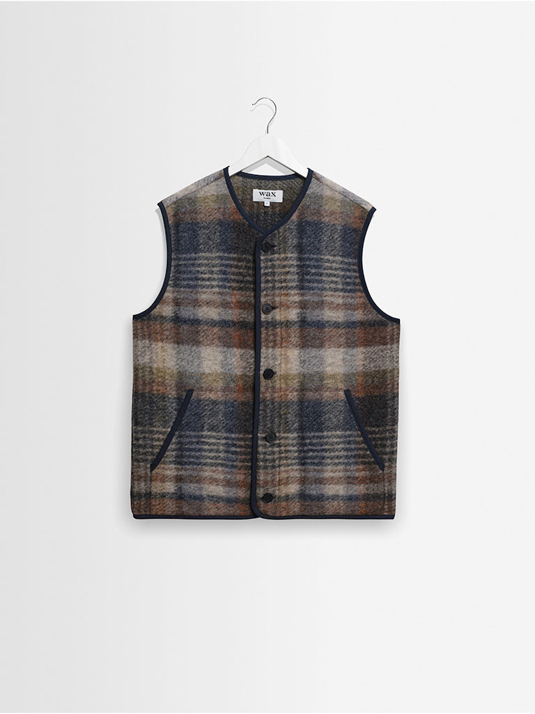 Gower Gilet- Oatmeal And Multicolour Check Wool Wax London Jackets