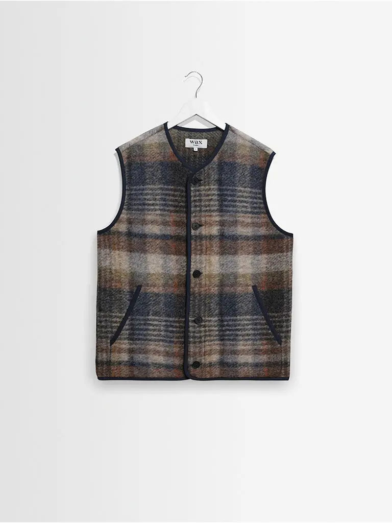 Gower Gilet- Oatmeal And Multicolour Check Wool Wax London Jackets