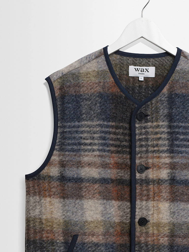 Gower Gilet- Oatmeal And Multicolour Check Wool Wax London Jackets