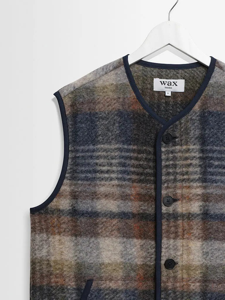 Gower Gilet- Oatmeal And Multicolour Check Wool Wax London Jackets