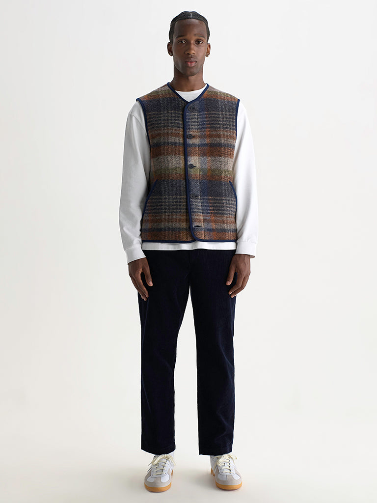 Gower Gilet- Oatmeal And Multicolour Check Wool Wax London Jackets