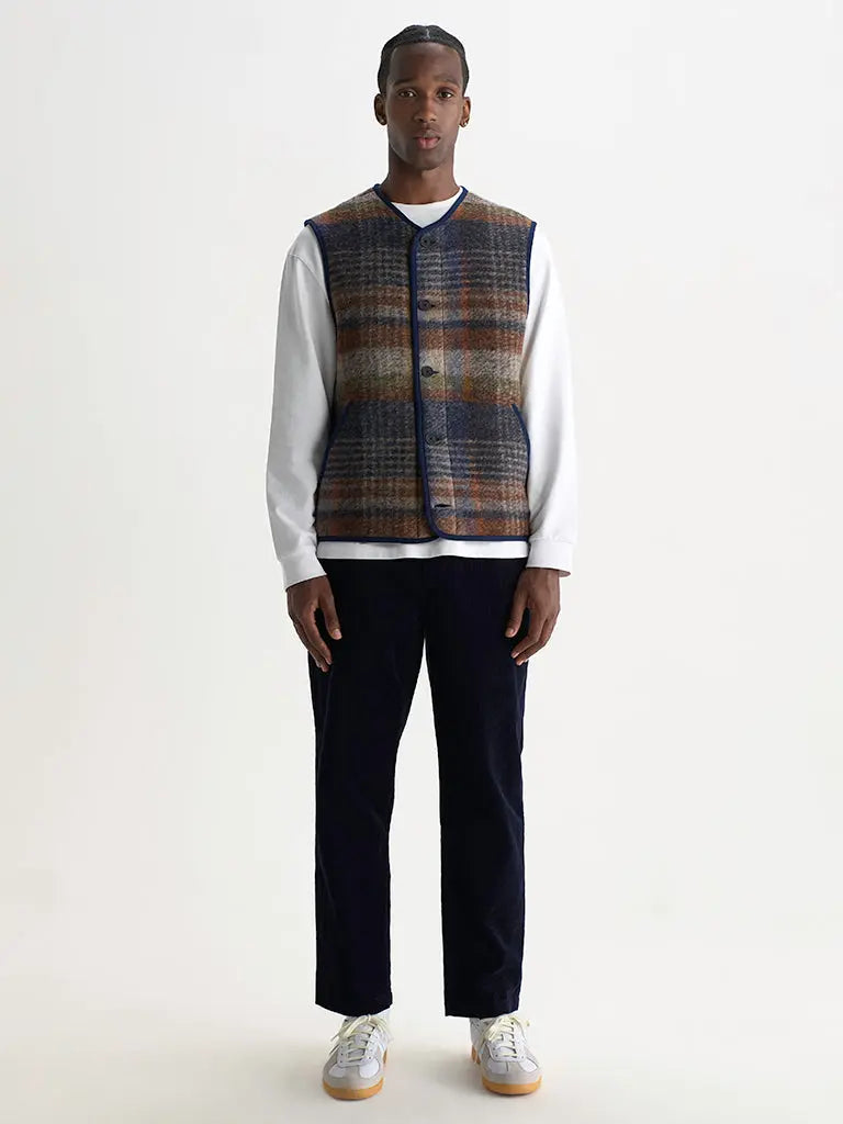 Gower Gilet- Oatmeal And Multicolour Check Wool Wax London Jackets