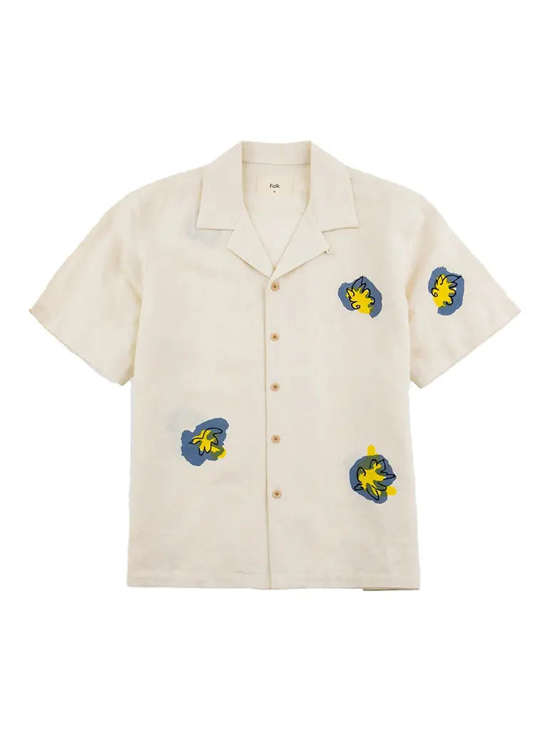 Relaxed Soft Collar Shirt- Embroidered Flower Ecru Folk Shirts