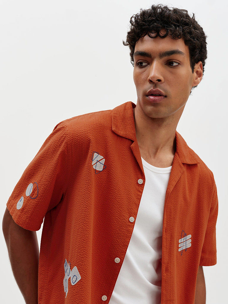 Didcot- Terracotta And Ecru Scribble Applique Wax London Shirts