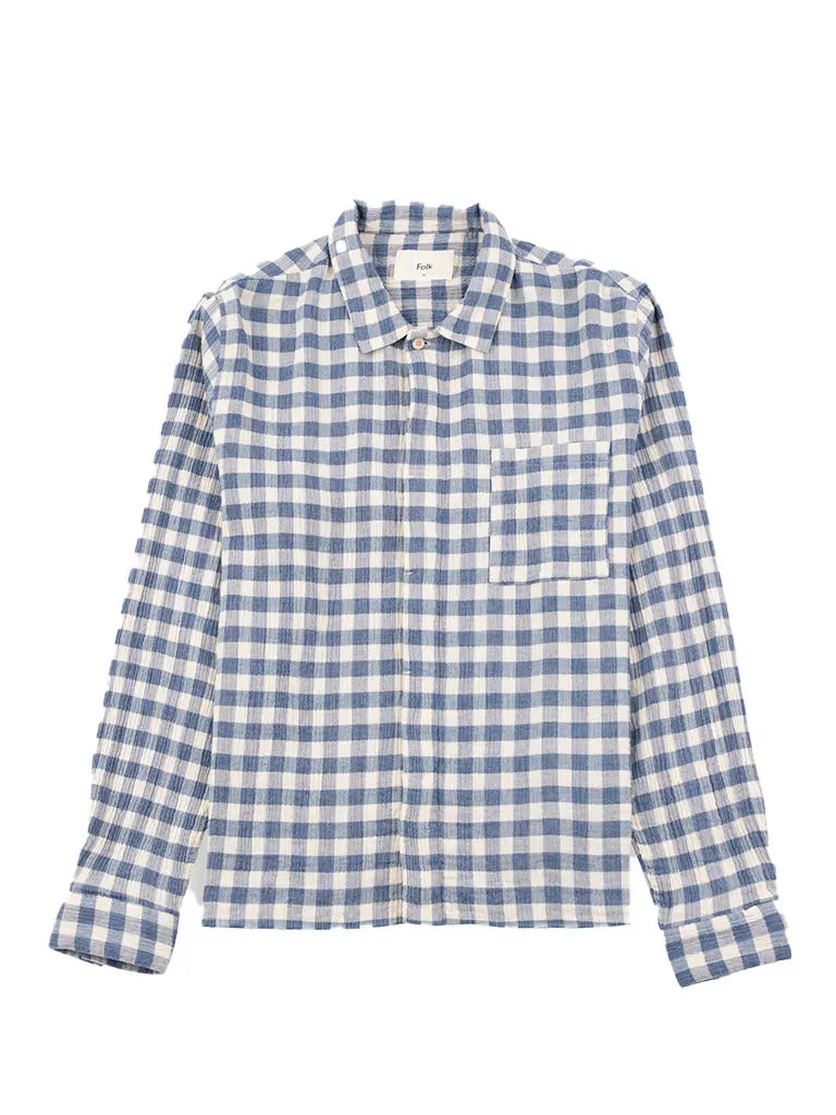 Patch Shirt- Soft Blue Crinkle Check Folk