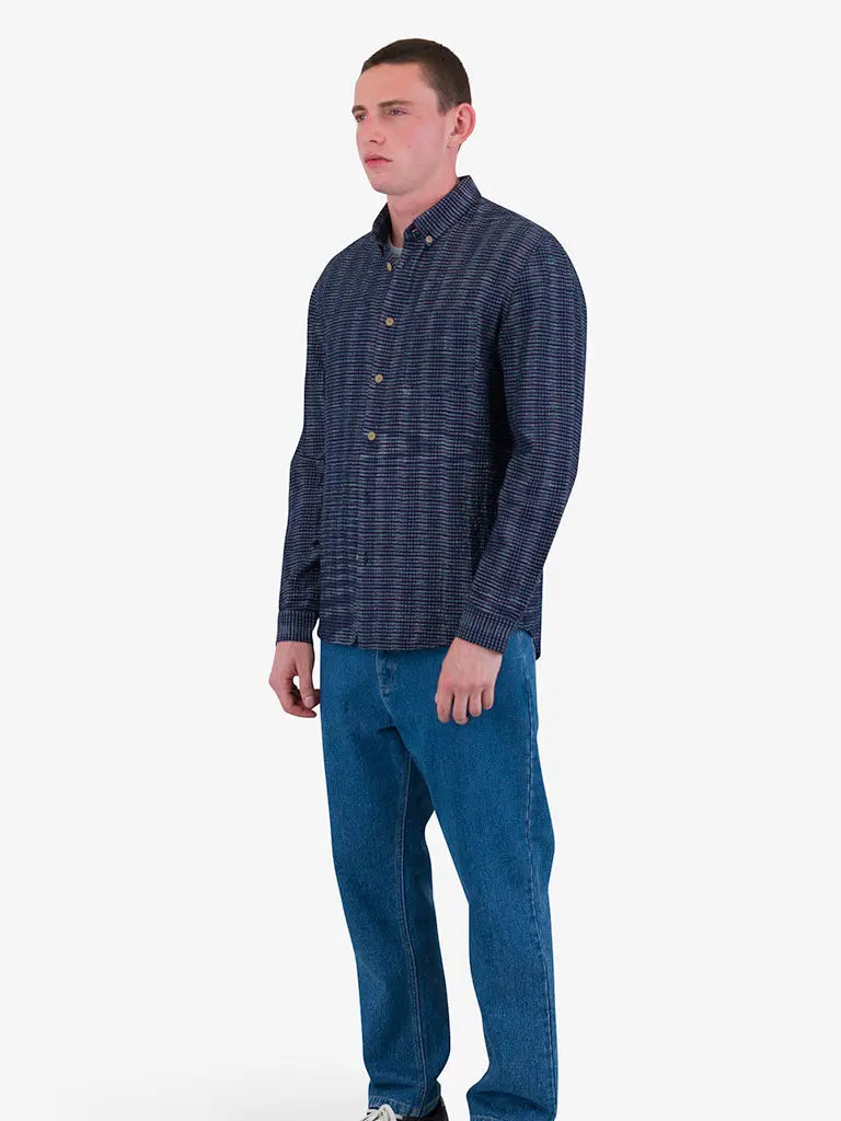 Relaxed Fit Shirt- Navy Textured Stripe Folk