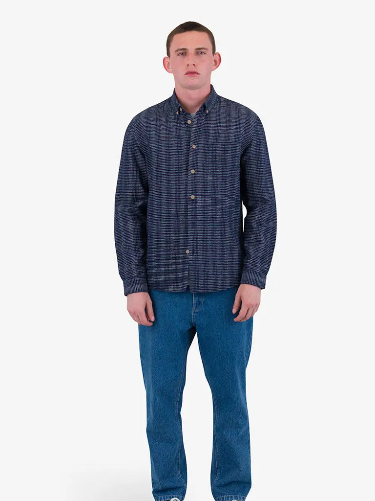 Relaxed Fit Shirt- Navy Textured Stripe Folk