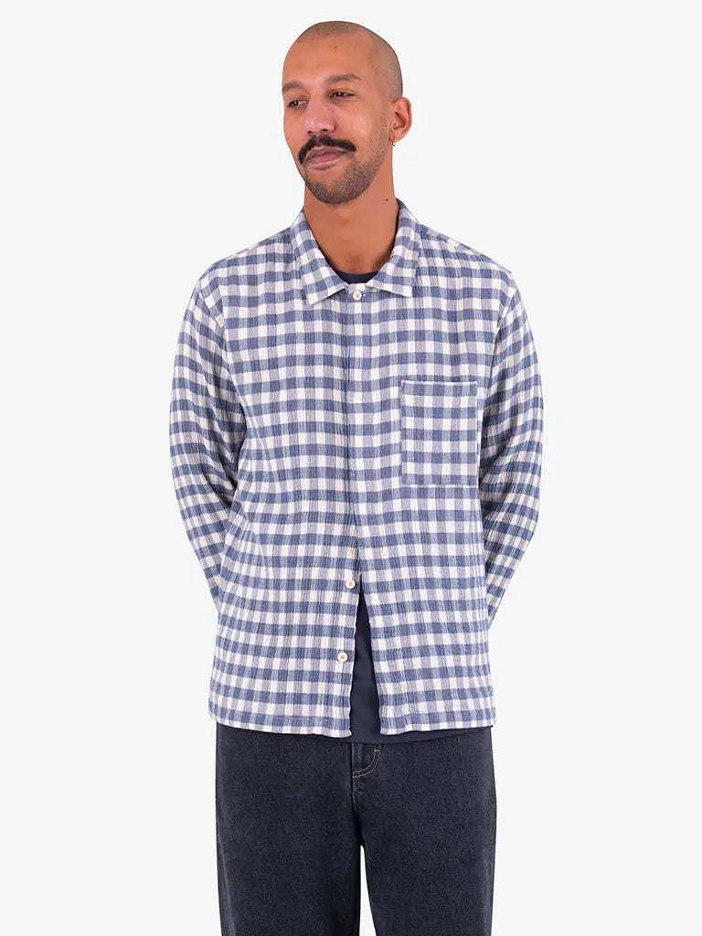 Patch Shirt- Soft Blue Crinkle Check Folk