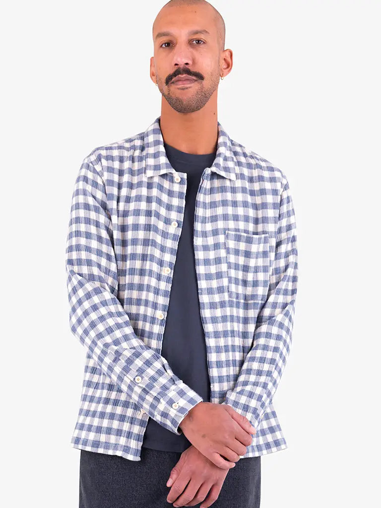 Patch Shirt- Soft Blue Crinkle Check Folk