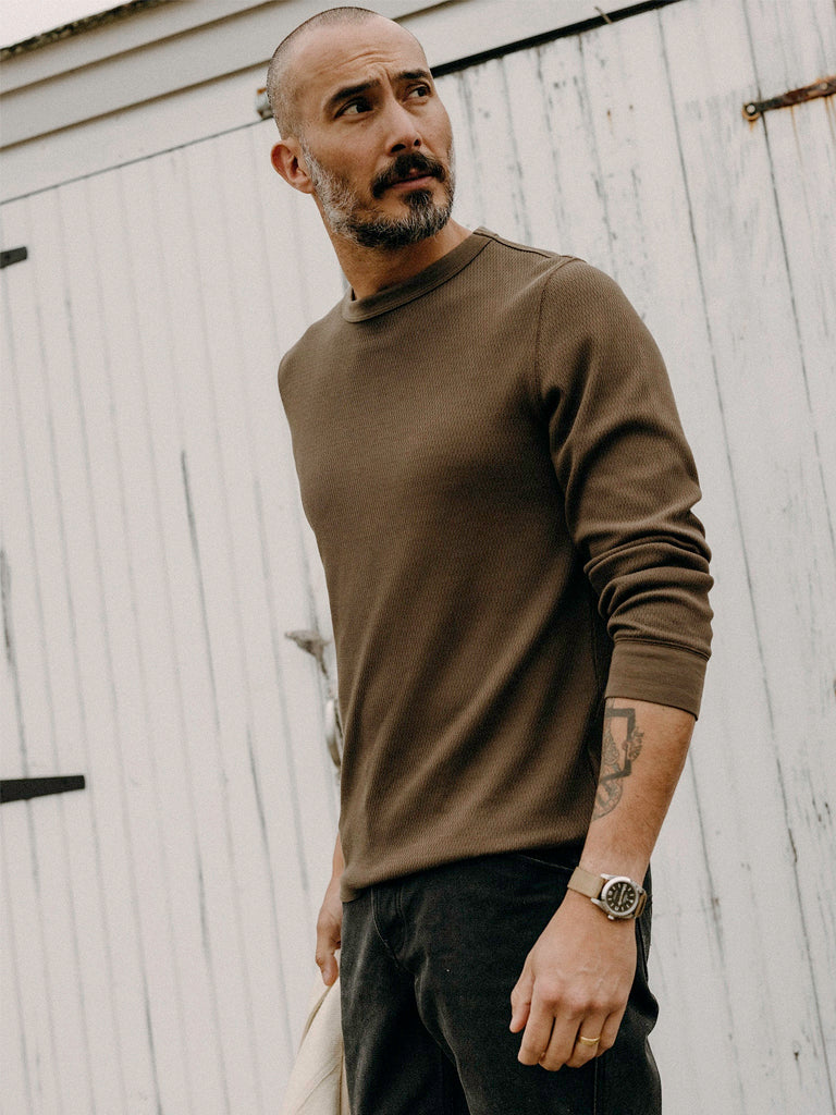 Organic Cotton Waffle Crew- Fatigue Olive Taylor Stitch Sweaters