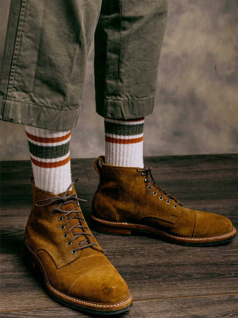 Merino Retro Stripe Socks- Denim/Brown American Trench Socks