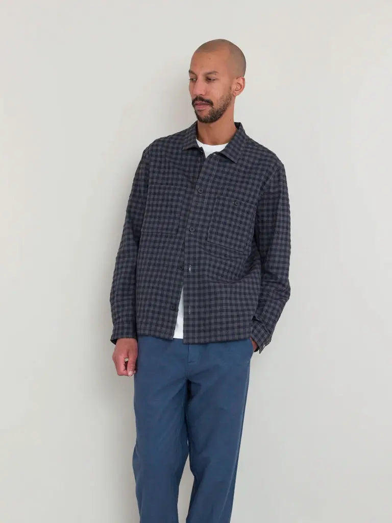 Patch Overshirt- Navy Crinkle Check Folk