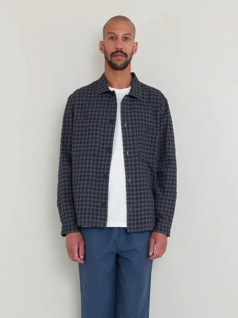 Patch Overshirt- Navy Crinkle Check Folk