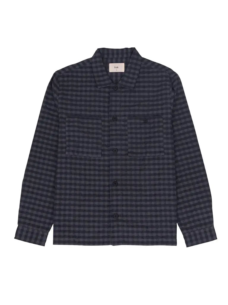 Patch Overshirt- Navy Crinkle Check Folk